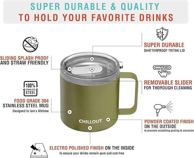 CHILLOUT LIFE Stainless Steel 16 oz (Set of 2) Vacuum Insulated Coffee Mug with Handle and Lid, Large Thermal Camping Coffee Mugs with Sliding Lid for Men & Women