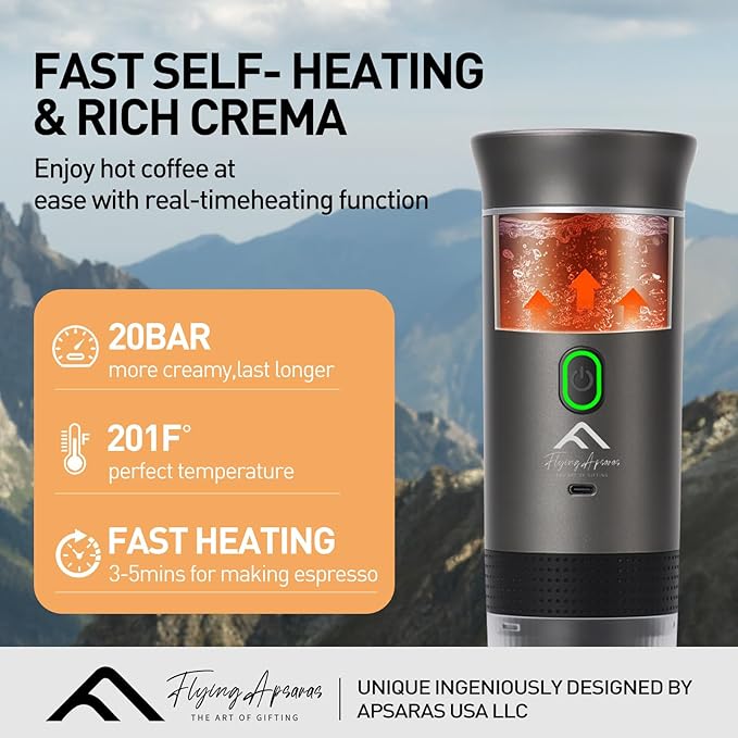 APSARAS USA Portable Coffee Maker for Travel, Portable Espresso Maker, 20 bar Mini Espresso Machine, 3in1 Travel Coffee Maker with Ground Coffee & Capsule(Ns&DG) for RV, Camping, Car