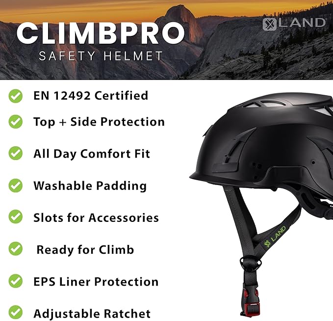 Land Helmets ClimbPro Helmet EN 12492 Vented for Rock Climbing – Durable, Lightweight Shell, Adjustable Chin Strap, Perfect for Outdoor Adventure with Universal Accessory Slots