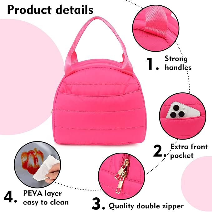 Lunch Bag Lunch Box for Women Men Adult Insulated Cute Small Quilted Puffer Lunchbox Reusable Thermal Lunch Cooler Tote Bag for Work, Picnic or Travel-Pink