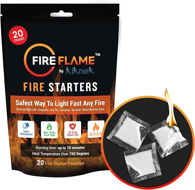 FireFlame Quick Instant Fire Starter -100% Waterproof All-Purpose Indoor & Outdoor FireStarter, for Charcoal Starter, Campfire, Fireplace, Firepit, Smoker - Odorless and Non-Toxic - 20 Pouches in Bag