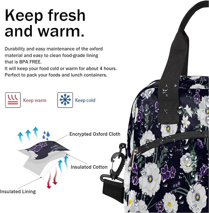 Flower Floral White Insulated Lunch Bags for Women Men Adult Reusable Lunch Tote Therma Cooler Bag with Shoulder Strap Lunch Box for School Work Office Picnic Meal Prep Bag