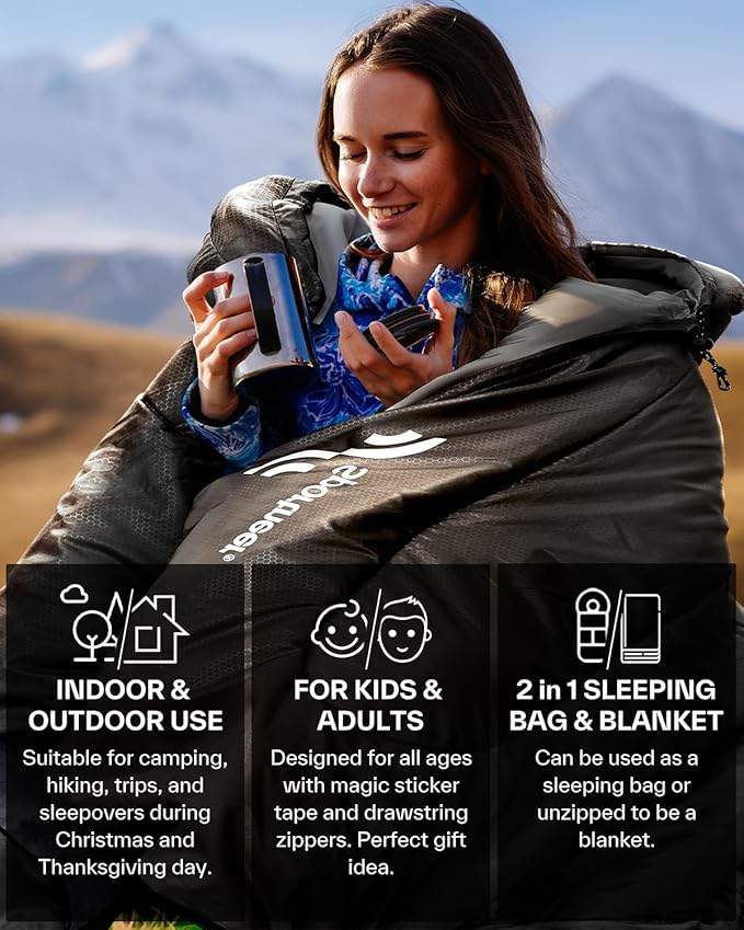 Sportneer Sleeping Bags for Adults, Warm & Cold Weather Sleeping Bag for Adults Kids Boys Girls - Lightweight Compact Camping Gear Equipment, Traveling, Backpacking, Hiking