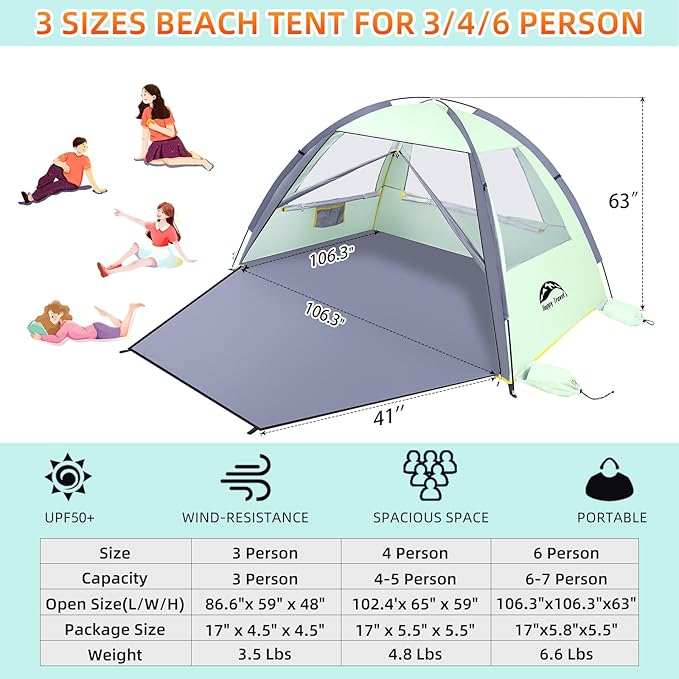 Happy Travel Beach Tent, UPF 50+ UV Protection Sun Shade Shelter for 3/4/5/6/7/8 Person, Portable Beach Canopy for Family & Baby, Lightweight & Easy Setup Beach Cabana with 3 Ventilation Mesh Windows