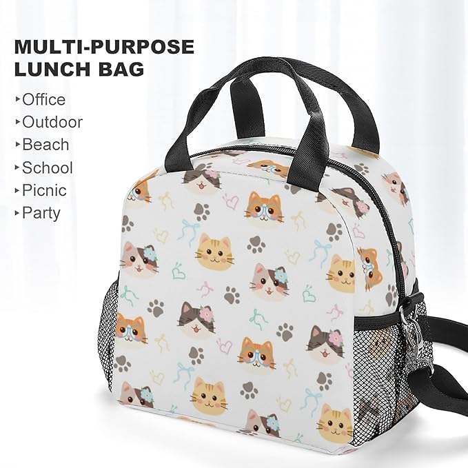 Lunch box Kids,Insulated Cat Lunch Bag Cute Small Pink Lunch Totebag Reusable Leakproof Corgi Lunch Bag With Shoulder Strap for Girls Boys Women School Work Picnic (ice cat)