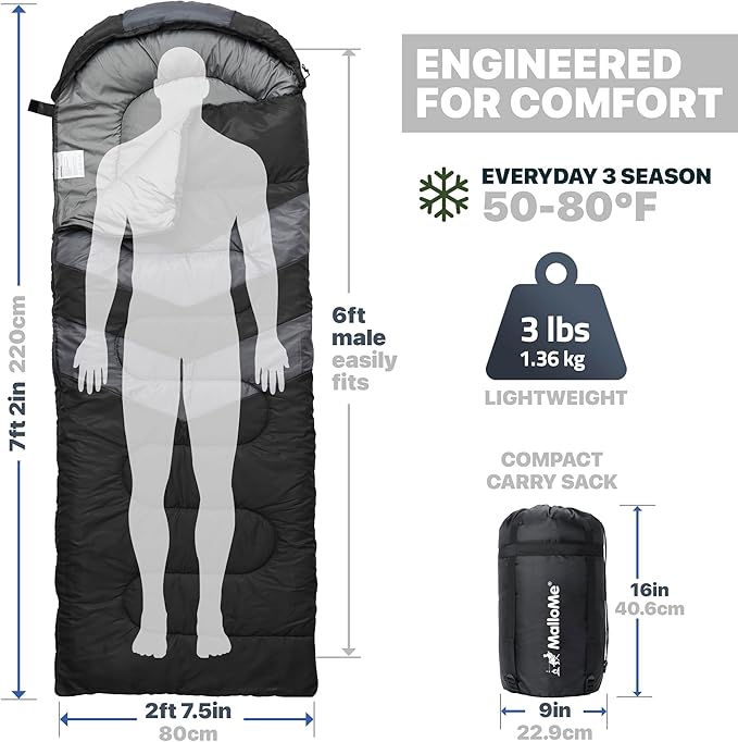 MalloMe Sleeping Bags for Adults Cold Weather & Warm - Backpacking Camping Sleeping Bag for Kids 10-12, Girls, Boys - Lightweight Compact Camping Essentials Gear Accessories Hiking Sleep Must Haves