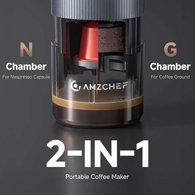 AMZCHEF Portable Coffee Maker Rechargeable w/ 9000mAh Battery, 2-in-1 Travel Espresso Maker for Ground/NS Capsules, Car Espresso Machine Self-Heating for Camping, RV, Hiking, Office, Aluminum