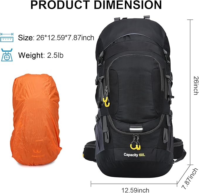 ShowyLive 60L Hiking Backpack for Men/Women - Lightweight Waterproof Travel Backpack with Rain Cover, Multi-Compartments, Adjustable Straps - Large Camping Bag for Outdoor Adventures (Black)