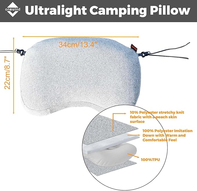 onewind Ultralight Camping Pillow, Soft Inflatable Pillow Compressible Ergonomic Neck Air Pillow with Removable Elastic Cord for for Hammock Tent Sleeping Pad Attachment, Gery