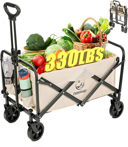Folding Wagon Cart, Portable Large Capacity Beach，Heavy Duty Utility Collapsible with All-Terrain Wheels，Cart Foldable Wagon for Camping,Shopping,Beach, Garden(Beige)