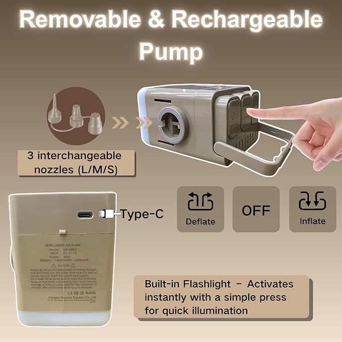 Semi-Frosted Khaki 16in Full Air Mattress with USB Pump, 600lbs Capacity-Quick Inflation, Non-Leak, Portable Foldable, Ultra-Soft Khaki Velvet Top for Camping & Guest Bed