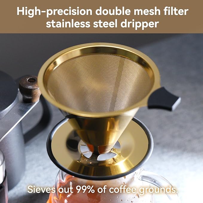 Pour Over Coffee Dripper Filter: Reusable Stainless Steel Coffee Filters - Metal Cone Filter Paperless Single Cup Coffee Maker 1-4 Cup with Double Mesh & Non-slip Cup Stand Gold
