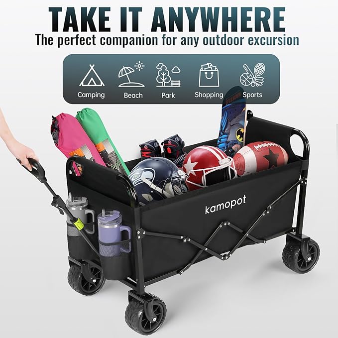 Large Collapsible Wagon Foldable for Grocery, Beach, Park, Yard, 34" x 18" Inner Storage. 300lb Heavy Duty Folding Utility Cart on Big Wheels, Durable w/Cupholders