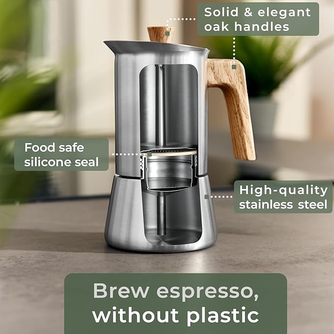 WALDWERK Stainless Steel Moka Pot (10oz) - Toxic Free Moka Pot with Oak Wood Handle - Stovetop Espresso Maker - Italian Coffee Maker for Stovetop and Induction