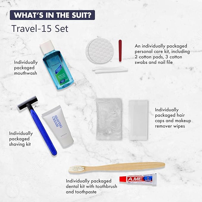 Hygiene Kit Bundle Bulk, Travel Size Personal Care Toiletries for Hotel, Home, Camping, Travel, Charity - Individually Wrapped Toiletries Amenities (15 Pack)