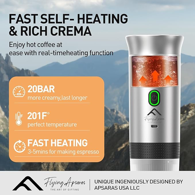 APSARAS USA Portable Coffee Maker, Portable Espresso Maker, 20 bar Mini Espresso Machine, 3in1 Electric Espresso Maker, Travel Coffee Maker with Ground Coffee & Capsule(Ns&DG) for RV, Camping