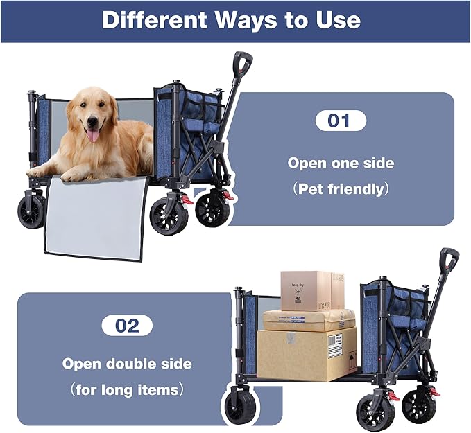 Collapsible Wagon Cart Foldable with Big Wheels Brakes, 250lbs Folding Utility Lightweight Garden Wagon, Portable Grocery Cart for Camping Shopping Sports Pets, Blue