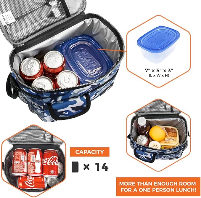 opux Insulated Lunch Bag for Men Women, Leakproof Camo Blue Lunch Box for Work, Portable Soft Lunch Cooler Bag with Shoulder Strap, Adult Lunchbox Lunch Pail for Kid Boy Girl School, 14 Can/8L