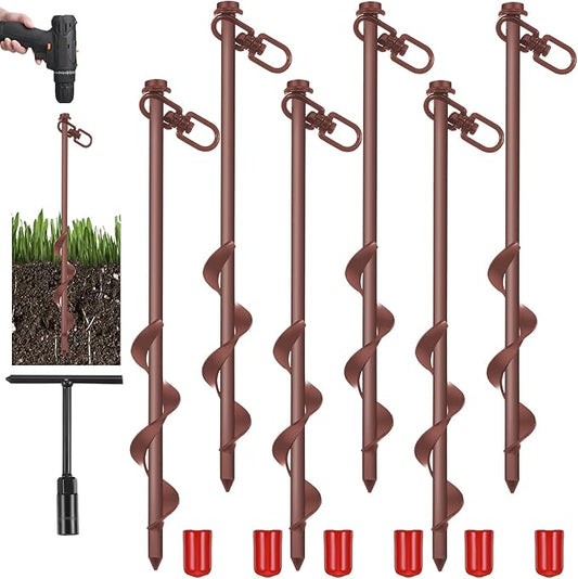 Reginary 6 Pcs Ground Anchors Screw in Tent Stakes Heavy Duty Trampoline Anchors High Wind for Camping Canopy Carport Sheds Beach Sand Stakes Metal Swing Set (Brown)