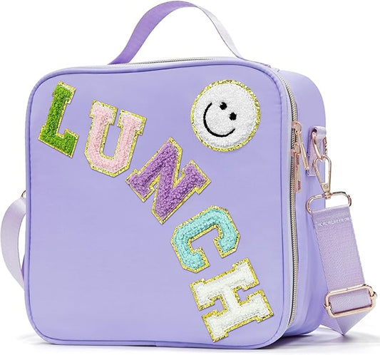 Insulated Lunch Bag Women Lunch Box Kids for Teen Girls Boys, Cute Preppy Lunch Boxes With Adjustable Shoulder Strap, Waterproof Nylon Lunchbox Lunch Bags for School Work Picnic (Purple)