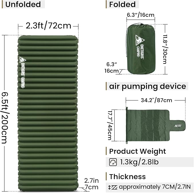 OneTigris Camping Sleeping Pad, Jade Ultralight Camping Mattress 2.8 R-Value Inflatable Sleeping Pads Compact for Camping Backpacking Hiking Traveling Tent 28.3 Extra-Wide with Patch-up Kit