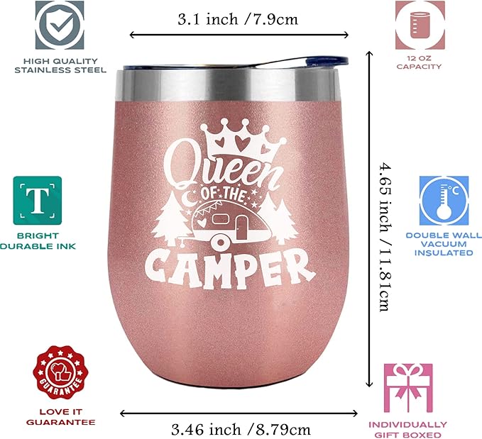 Queen of The Camper Wine Tumbler, Camping Coffee Mug Cup, Women Campers Stemless Tumblers with Lid Stainless Steel Insulated Vacuum 12 Oz, RV Gifts for Camping Lovers Outdoors Hiking