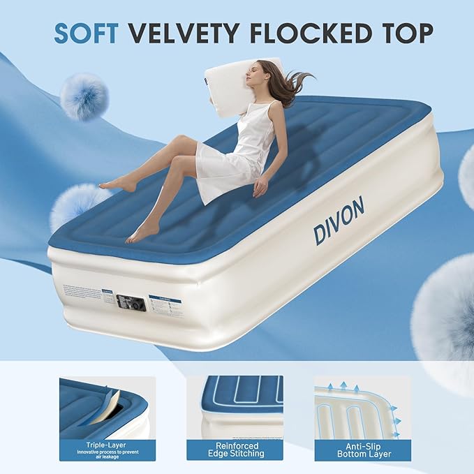 DIVON Twin Air Mattress with Built in Pump Raised,18”Single Inflatable Mattress in 2 Mins,Foldable Blow Up Mattress,Portable Twin Size Air Mattress for Camping,Travel&Floor,Air Bed for Adults,330lbs
