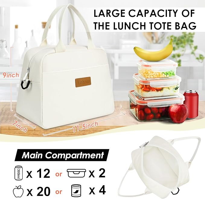 LOKASS Lunch Bag for Women-Insulated Adults Lunch Box with Front Pocket- Small Cute Lunch Tote for Work-Reusable Cooler Bag for Office Picnic Beach or Travel（White）