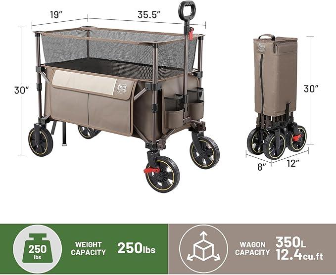 TIMBER RIDGE 350L Extra Large Collapsible Folding Wagon Carts with Brake, Heavy Duty Outdoor Camping Utility Wagons with Extended Height, Adjustable Handle, Cup Holders, Side Bag(Tan)