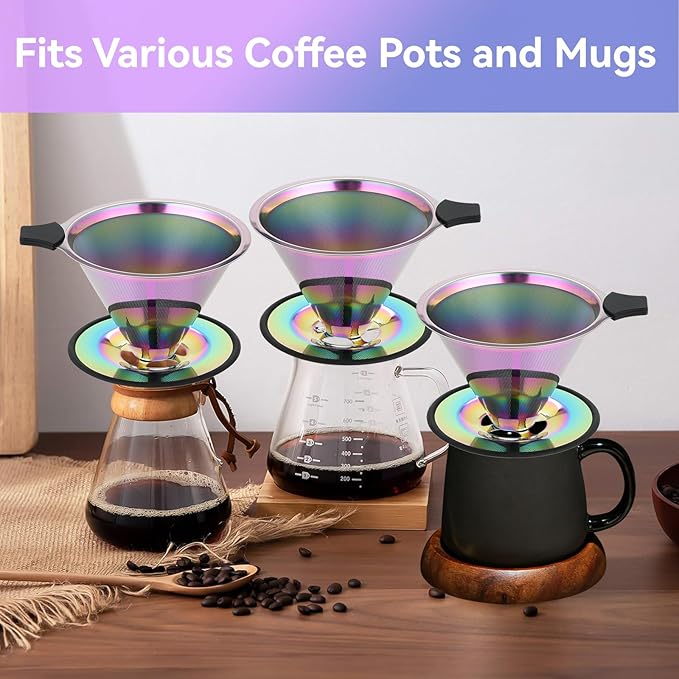 Pour Over Coffee Dripper Filter: Reusable Stainless Steel Coffee Filters - Metal Cone Filter Paperless Single Cup Coffee Maker 1-4 Cup with Double Mesh & Non-slip Cup Stand Multicolour