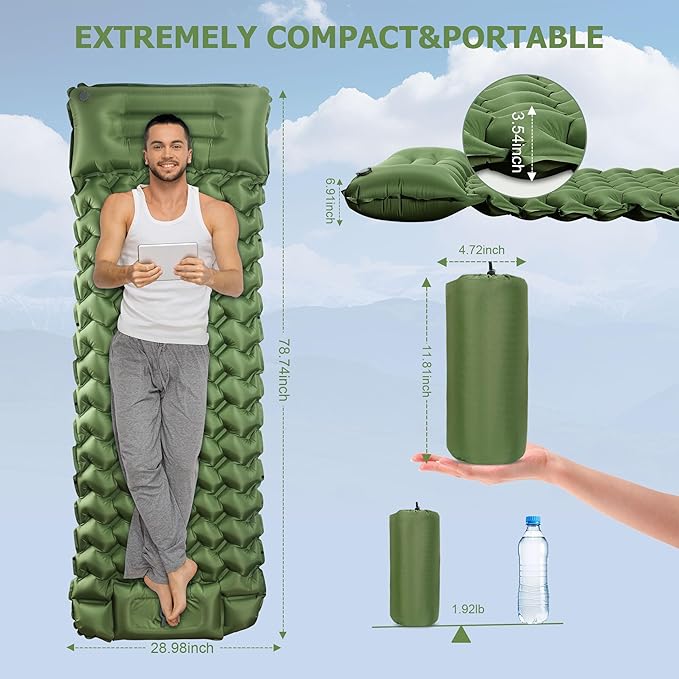 Sleeping Pad for Camping, Ultralight Inflatable Sleeping Mat with Pillow Built in Foot Pump, Durable Compact Air Mattress for Camping Essentials, Backpacking, Hiking, Tent, Traveling