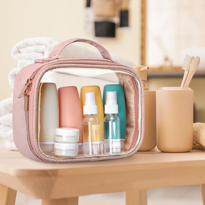 PACKISM TSA Approved Toiletry Bag with Bottles - Travel Essentials 8 Pack Leakproof 3.4oz Silicone Travel Bottles for Toiletries, Shampoo Conditioner Lotion Body Wash BPA Free, Pink