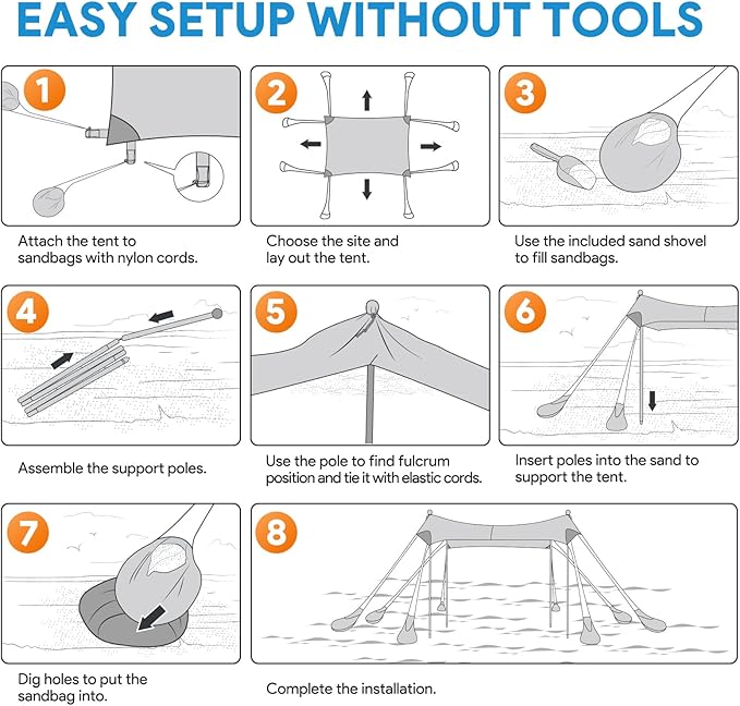 Beach Tent Sun Shelter, 10 x 10 FT Beach Canopy Tent Sun Shade, UPF50+ Beach Tent Canopy with 8 Sandbags & 4 Stability Poles, Outdoor Beach Tent for Beach Camping Fishing, Starfish
