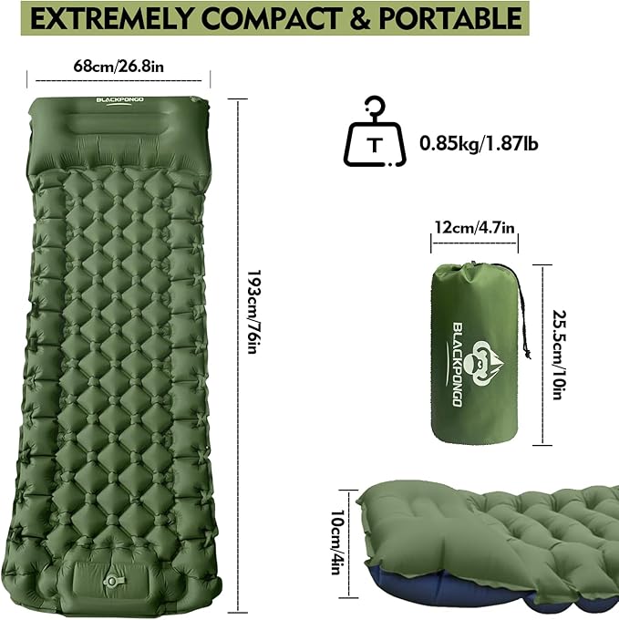 Camping Sleeping Pad, Ultralight Camping Mat with Pillow Built-in Foot Pump Inflatable Sleeping Pads Compact for Camping Backpacking Hiking Traveling Tent (Green, Single)