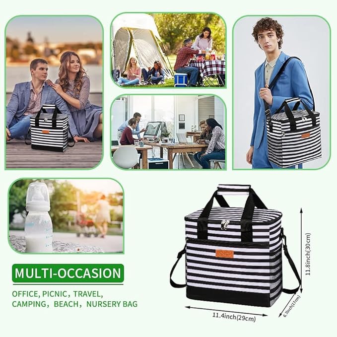 iknoe Large Cooler Bag Collapsible, 15L Insulated Bags, Leakproof Lunch Cooler Tote with Multi-Pockets for Adult, Insulated Lunch Box for Beach, Picnic,Work, Stripe 24-Can