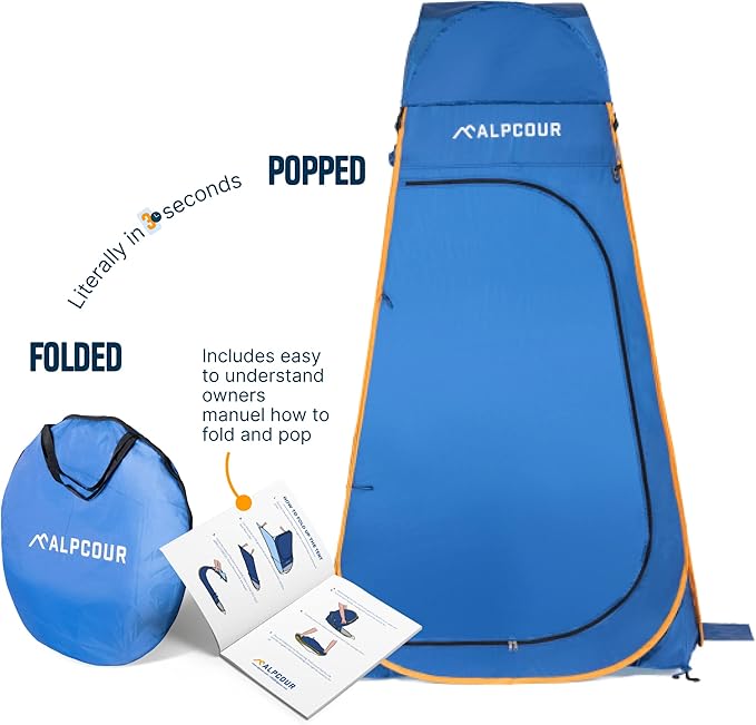 Alpcour Portable Pop Up Tent – Privacy Tent for Portable Toilet, Shower and Changing Room for Camping and Outdoors – Spacious, Extra Tall and Waterproof with Utility Accessories - Sturdy and Easy Fold