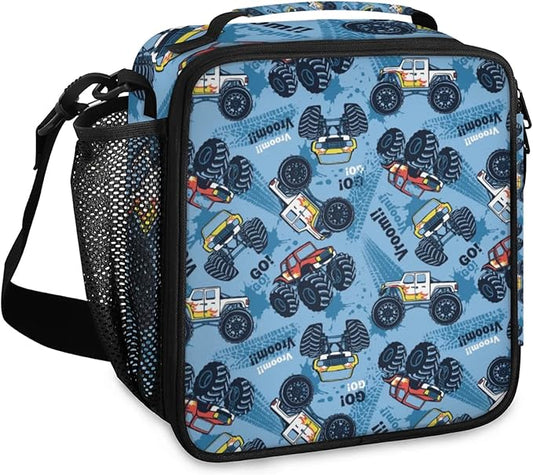 Blue Monster Truck Kid Lunch Bags with Shoulder Strap Insulated Lunch Boxes for Boy Girls Waterproof Thermal Cooler Tote Bag Portable Picnic Bag for School Work Outdoor Gifts