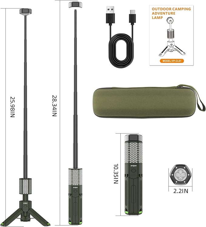 Camping Light Telescopic Camper Lantern Rechargeable 10500mAh Battery Built-in Magnetic Camp Lamp for Emergency, Camping, Hiking (Army Green)
