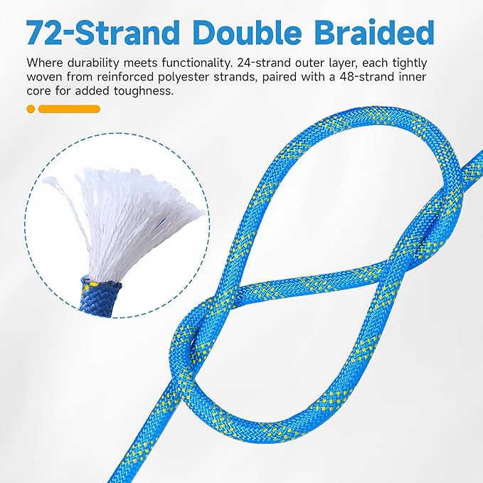 Rigging Rope 1/2 in x 150 Ft Double Braided Polyester Rope Polyester Braided Arborist 48 Strands for Various Outdoor Applications Construction Climbing Swing Sailing (Blue, 1/2X200FT)