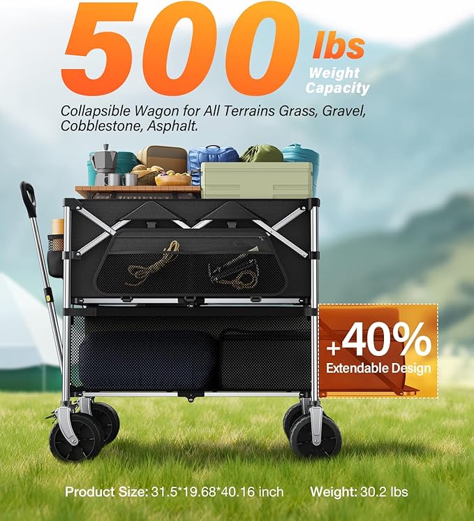 Collapsible Wagon Double Decker,Wagons Carts Foldable,Heavy Duty Wagon Camping Sports Garden Grocery,Utility Wagon for All Terrain Black