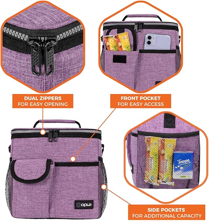 opux Insulated Lunch Bag for Men Women, Leakproof Heather Purple Lunch Box for Work, Portable Soft Lunch Cooler Bag with Shoulder Strap, Adult Lunchbox Lunch Pail for Kid Boy Girl School, 18 Can/10L