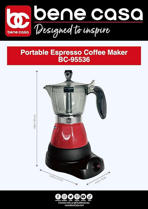 Bene Casa Red Portable Electric Espresso Maker/Cafetera, 1-3 Cups/Shots (1, RED)