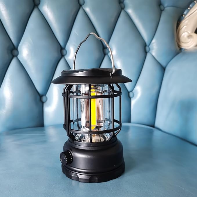 Solar Camping Lantern, USB Rechargeable Retro Dimmable Horse Camp Lamp Outdoor IPX4 Waterproof Vintage Portable Tent Light for Indoor Outages Hiking Emergency, Black