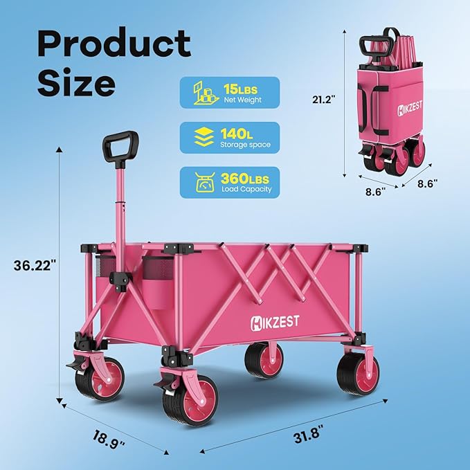 Collapsible Wagon Cart Foldable, 360LBS Heavy Duty Utility Wagon, Beach Wagon with Wider Wheels, Portable Grocery Cart for Camping, Shopping, Garden, Sports, Pink