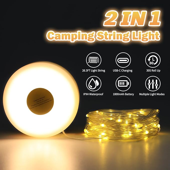 Camping String Lights, 2 in 1 Outdoor Rechargeable LED Lights with 5 Lighting Modes(26.3ft), Portable IPX4 Waterproof Tent Light for Outdoor Indoor Camping Party RV Decor (Warm Light)