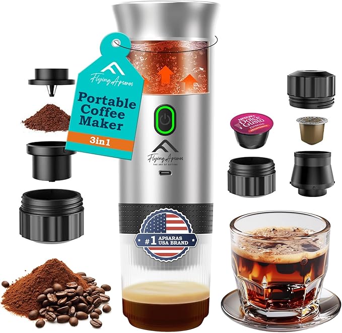 APSARAS USA Portable Coffee Maker, Portable Espresso Maker, 20 bar Mini Espresso Machine, 3in1 Electric Espresso Maker, Travel Coffee Maker with Ground Coffee & Capsule(Ns&DG) for RV, Camping