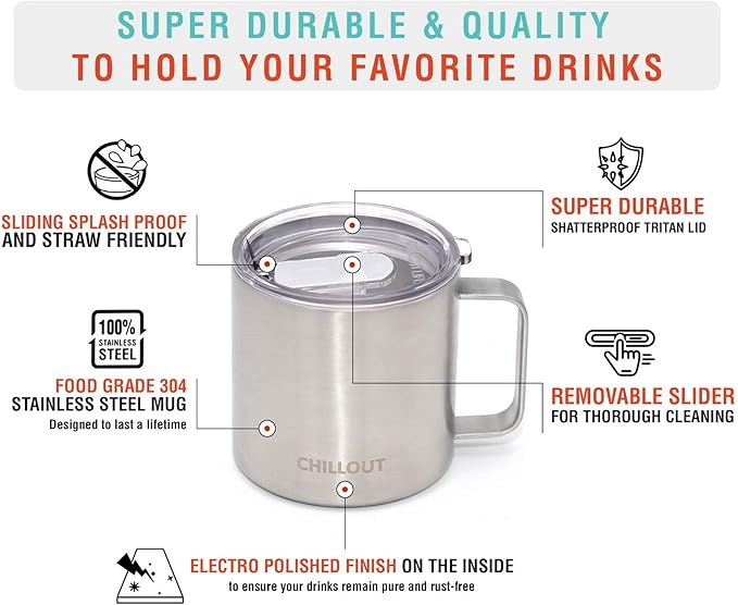 CHILLOUT LIFE Stainless Steel Vacuum Insulated Coffee Mug 16 oz (Set of 2) with Handle and Lid, Large Thermal Camping Coffee Mugs with Sliding Lid for Men & Women, Keeps Your Beverages Hot & Cold