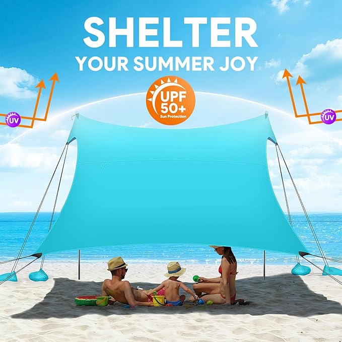 Beach Tent Sun Shelter, UPF50+ Beach Tent Canopy with 8 Sandbags & 4 Stability Poles, 10 x 10 FT Beach Canopy Tent Sun Shade, Outdoor Beach Tent for Beach Camping Fishing, Light Blue