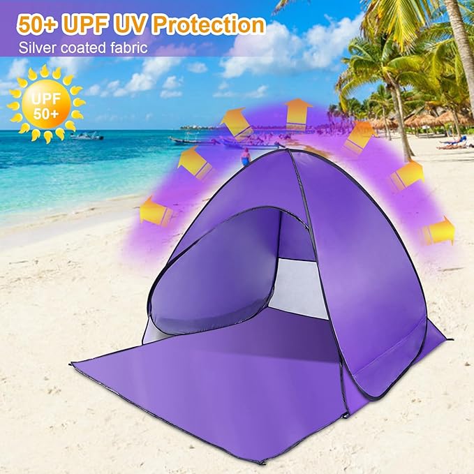Pop Up Beach Tent for 2-3 Person, UPF50+ Anti-UV Sun Shelter w/Storage Bag, Portable Waterproof Instant Sun Shade Canopy for Outdoor Beach Camping Hiking Travel Family, Purple