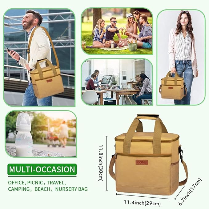 iknoe Large Cooler Bag Collapsible, 15L Insulated Bags, Leakproof Lunch Cooler Tote with Multi-Pockets for Adult, Insulated Lunch Box for Beach, Picnic, Work, Khaki 24-Can